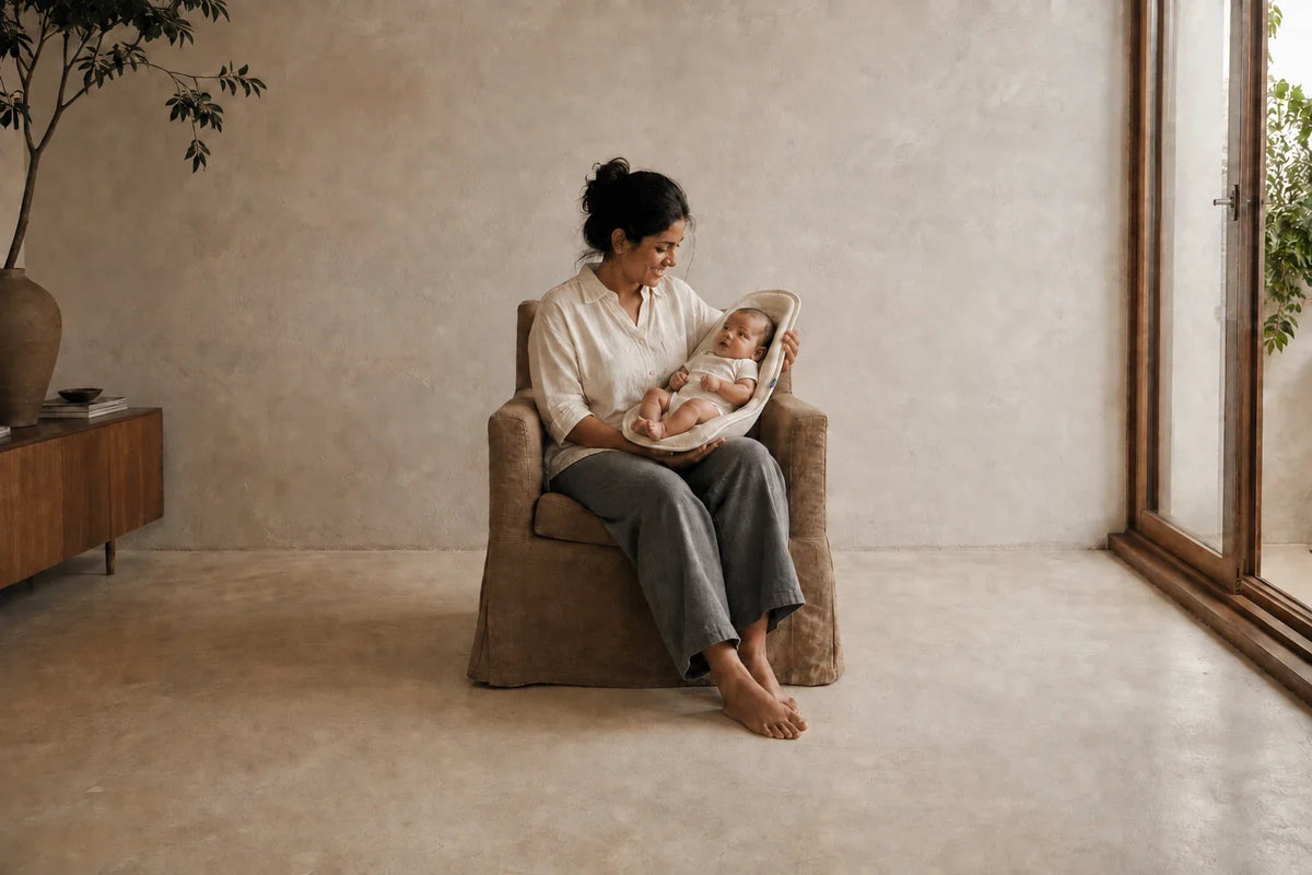A parent holding an awake baby with Nido in a quiet room